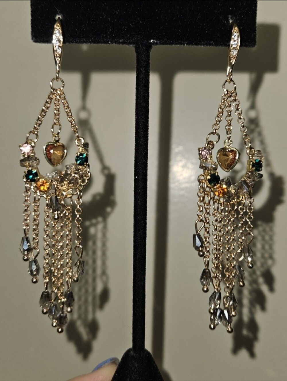 Chandelier Earrings With Earth Tone Crystal Accents And Gold Tone Chains